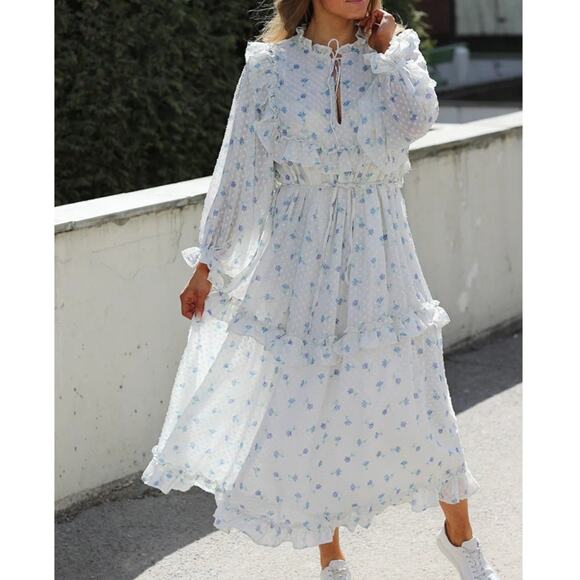 Stella Nova Barbara Dress in Soft Blue Floral Ruffled Tiered Frilly Chiffon Maxi - Picture 8 of 15